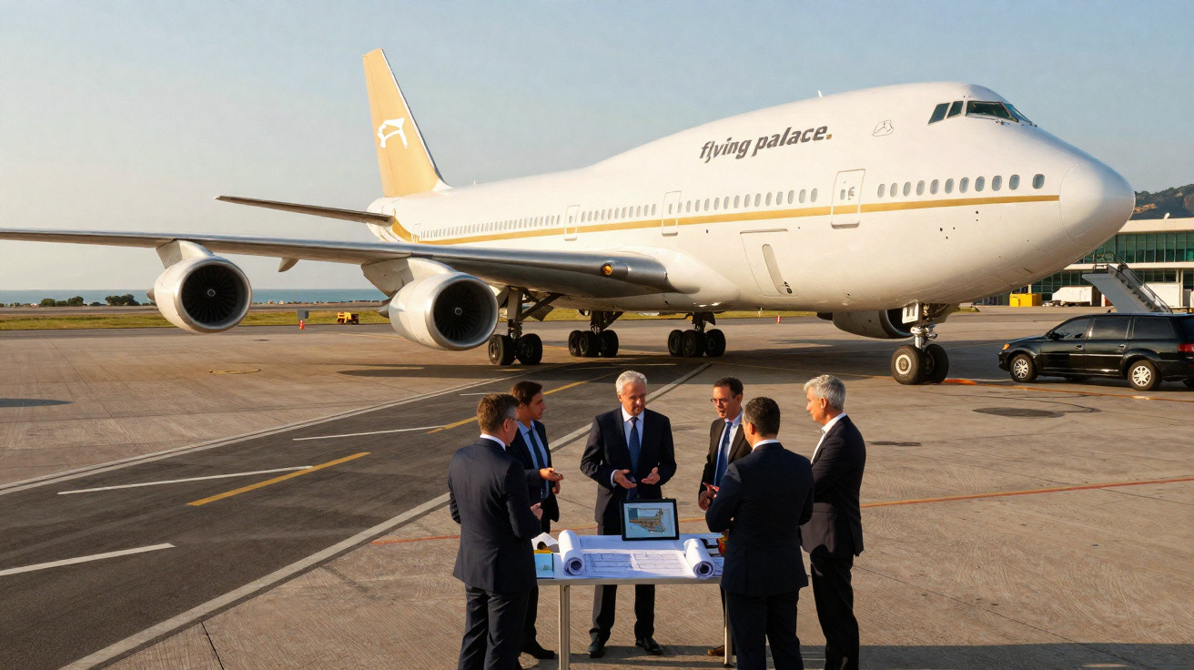 Businessmen in suits discussing plans around a table on the tarmac near a large private jet.