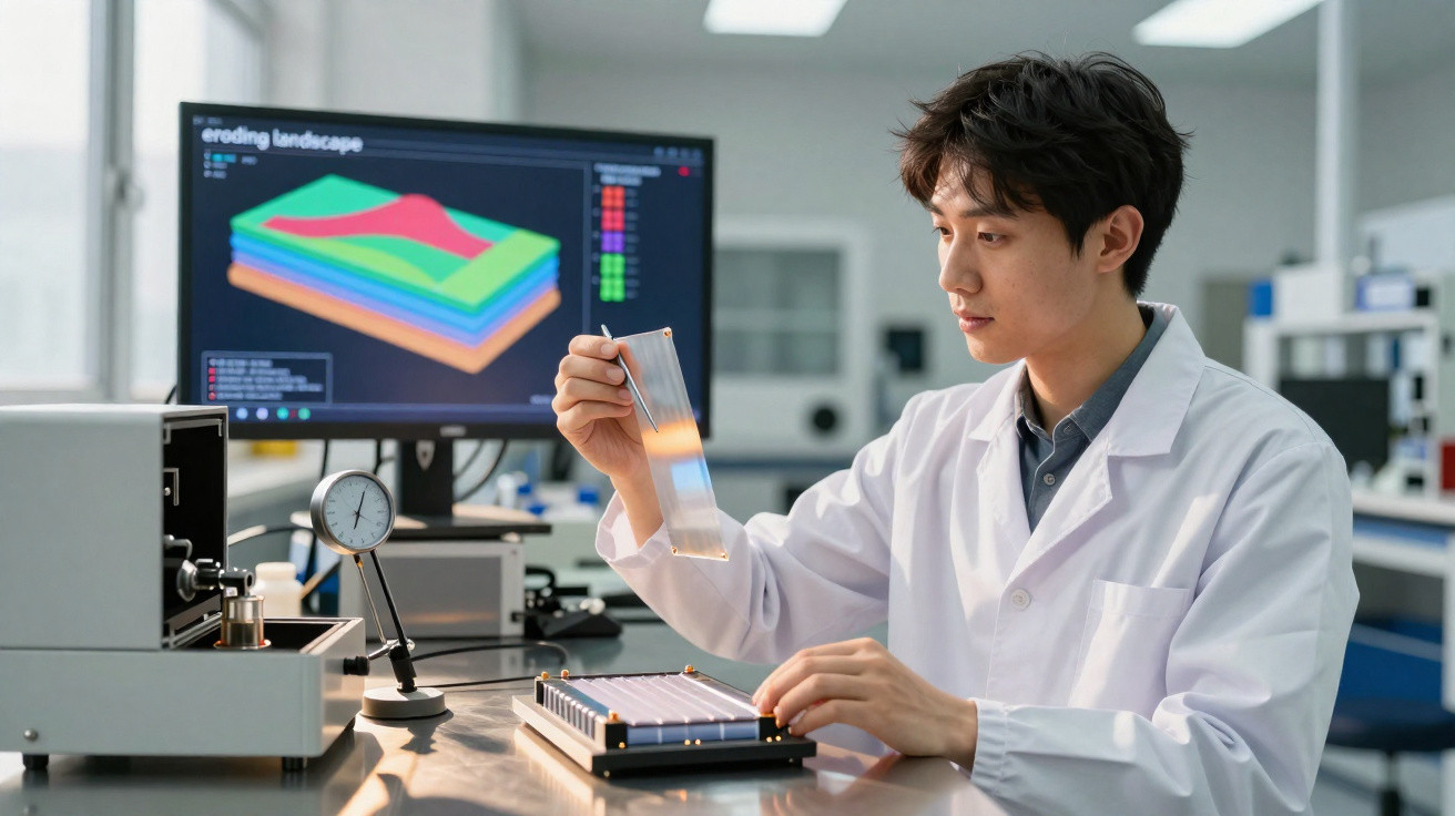 Scientist in a lab coat analysing a clear sample with erosion landscape data on a computer screen behind him.