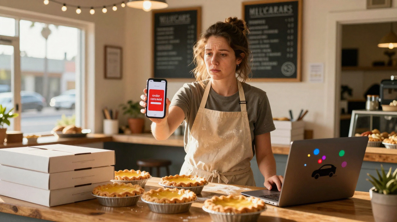 Woman in apron holding phone showing order cancelled message in bakery with pies and laptop on counter.
