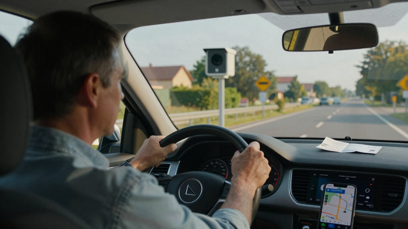 Man driving a car on a suburban road with a speed camera visible ahead and a GPS navigation on the dashboard.