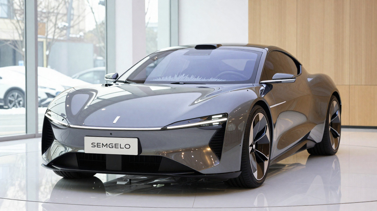 Sleek grey Semgelo electric sports car displayed indoors with glossy finish and modern design features.