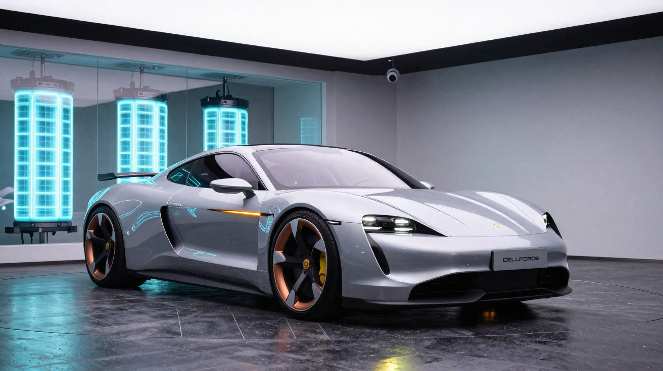 Silver Porsche electric sports car in a modern showroom with blue glowing battery cells in the background.