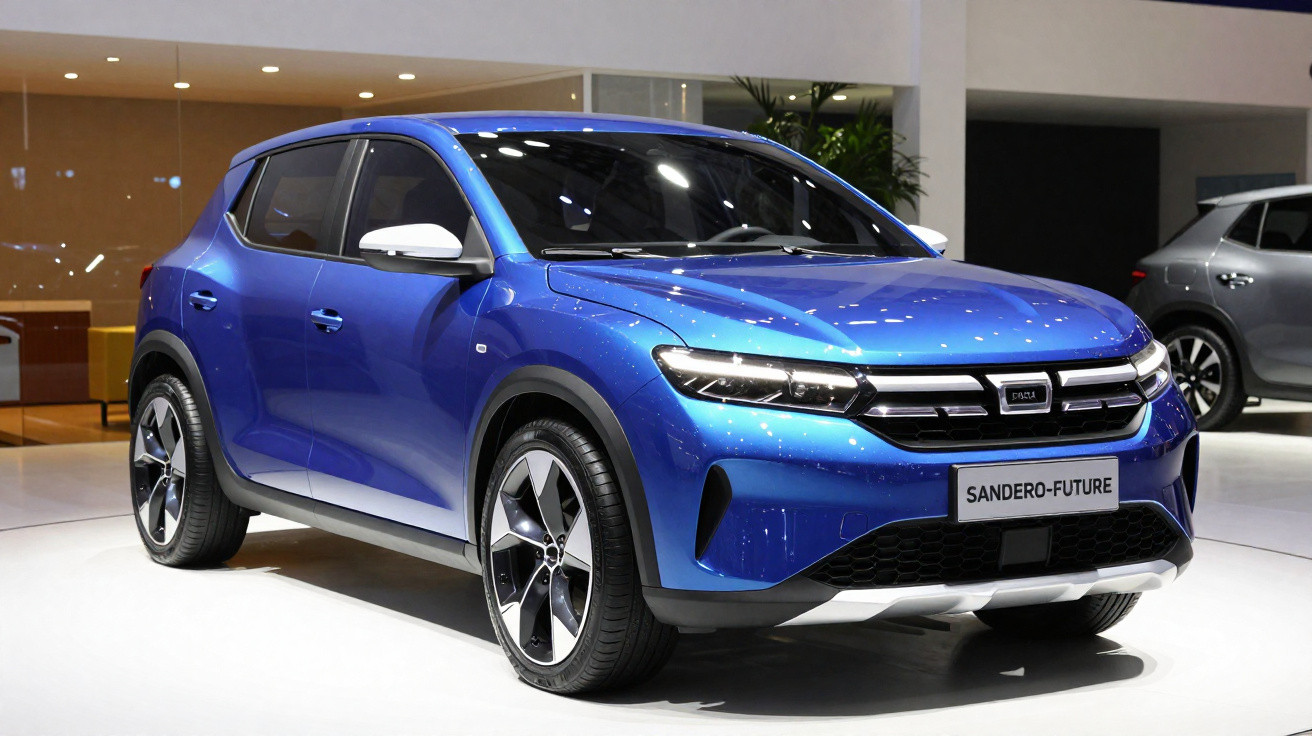 Blue Dacia Sandero-Future compact SUV displayed indoors with modern design and black and silver alloy wheels.