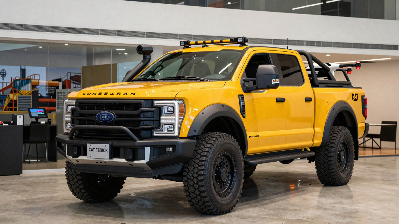 Yellow Caterpillar-branded off-road pickup truck displayed indoors with rugged tires and roof lights.
