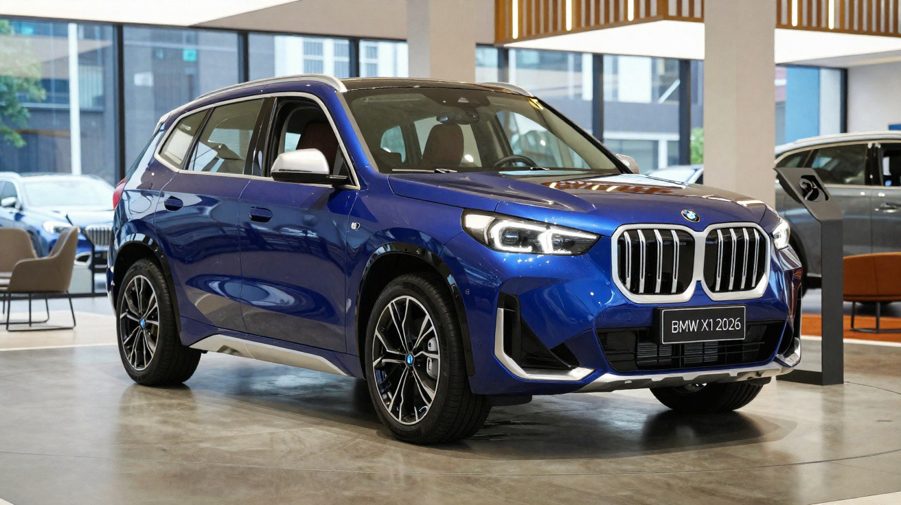 Blue BMW X1 2026 model parked indoors in a showroom with large windows and modern decor.