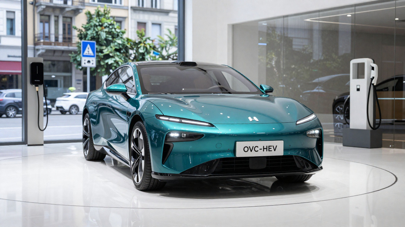 Teal electric sedan displayed indoors near two charging stations with a city street visible outside.