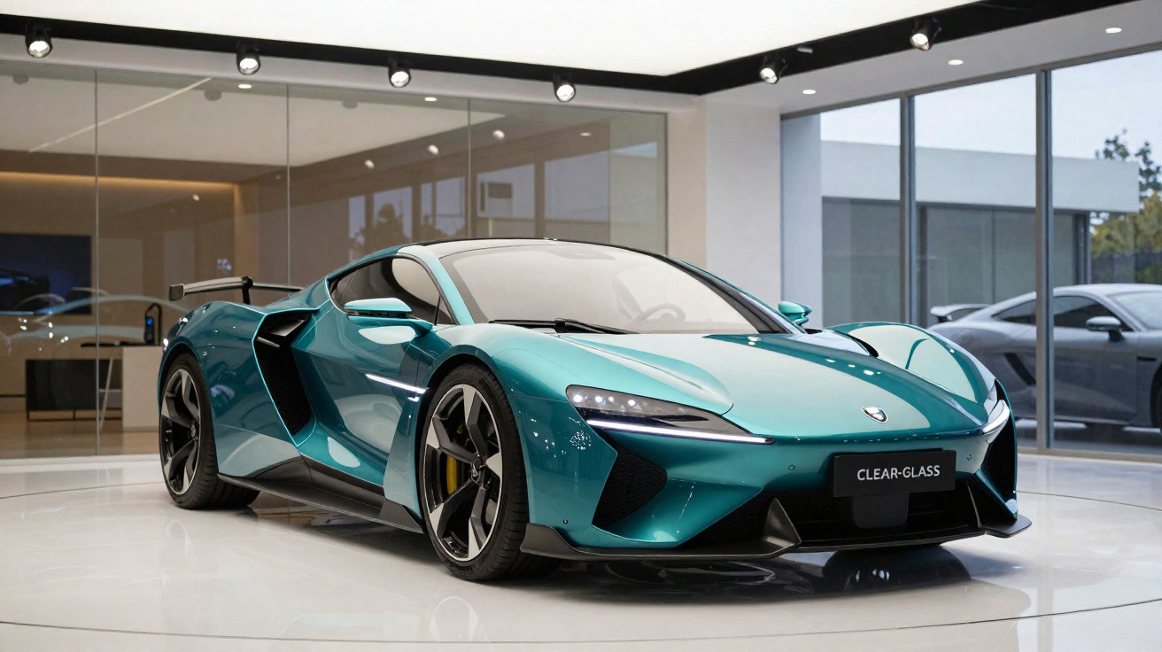 Teal blue McLaren sports car displayed inside a modern showroom with large glass windows.