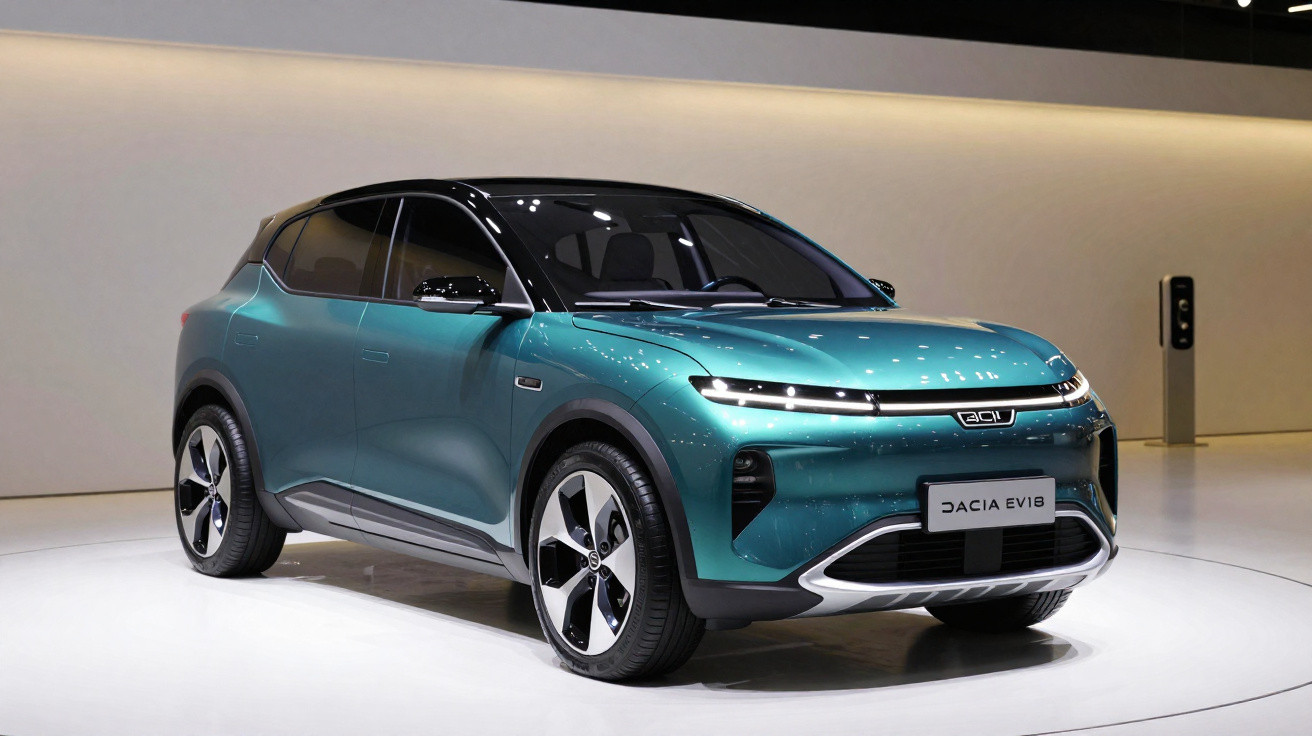 Teal and black electric SUV Dacia EV18 displayed in a sleek, well-lit showroom with a charging station in the background.