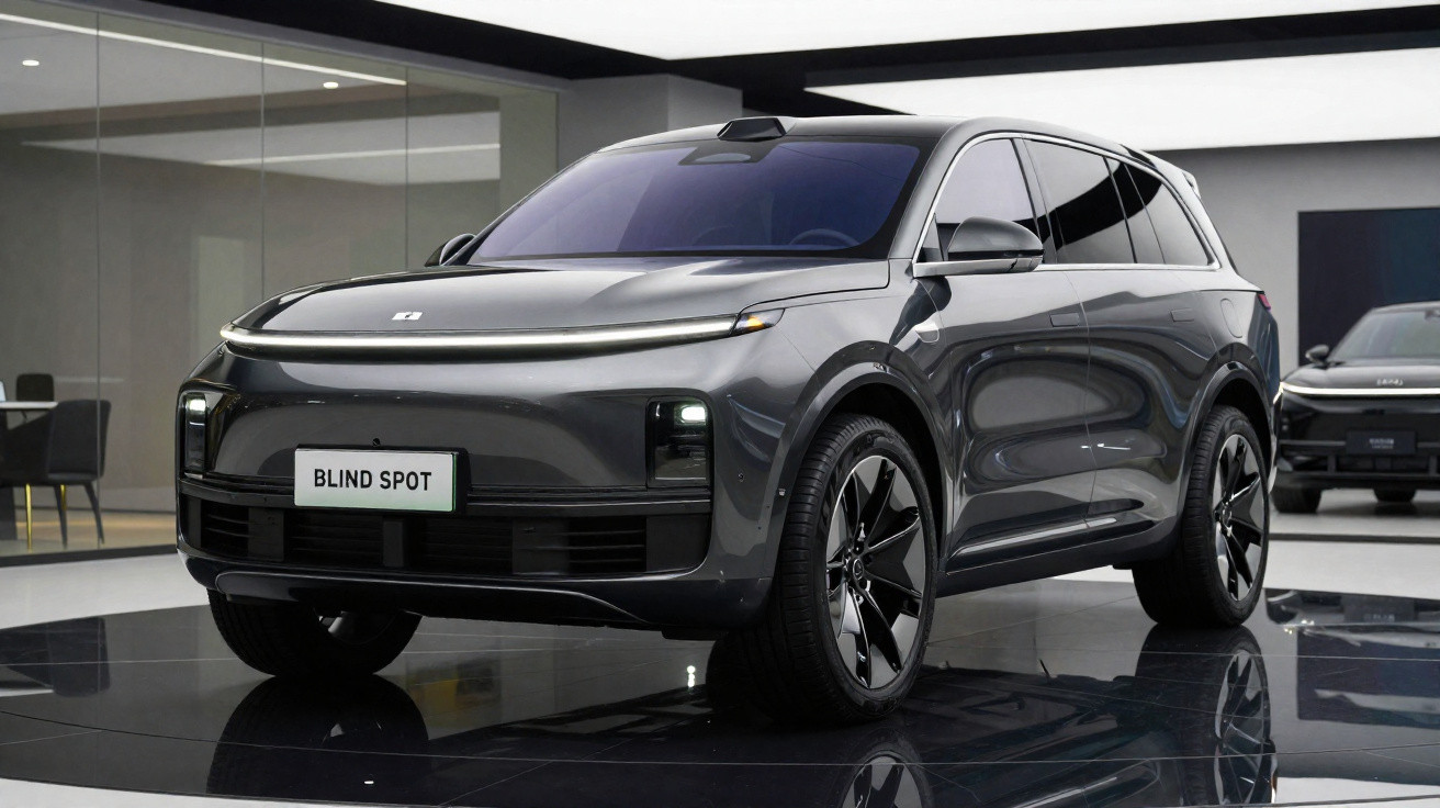 Sleek dark grey electric SUV parked indoors with 'Blind Spot' licence plate and modern LED headlights.