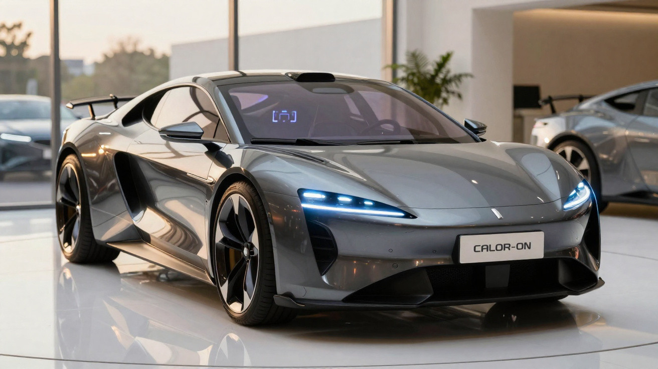 Sleek grey Calor-On electric sports car with sharp headlights displayed in a bright showroom.