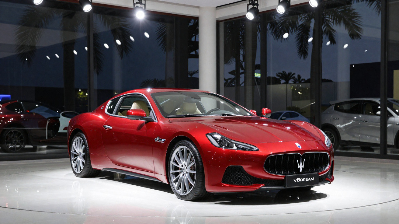 Red Maserati sports car displayed under bright lights in a modern showroom with glass walls and palm trees outside.