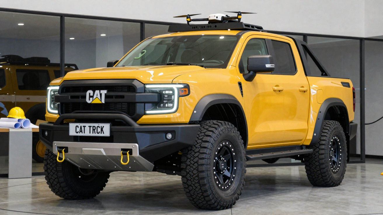 Yellow CAT electric pickup truck with large off-road tyres and a drone mounted on the roof in a showroom.
