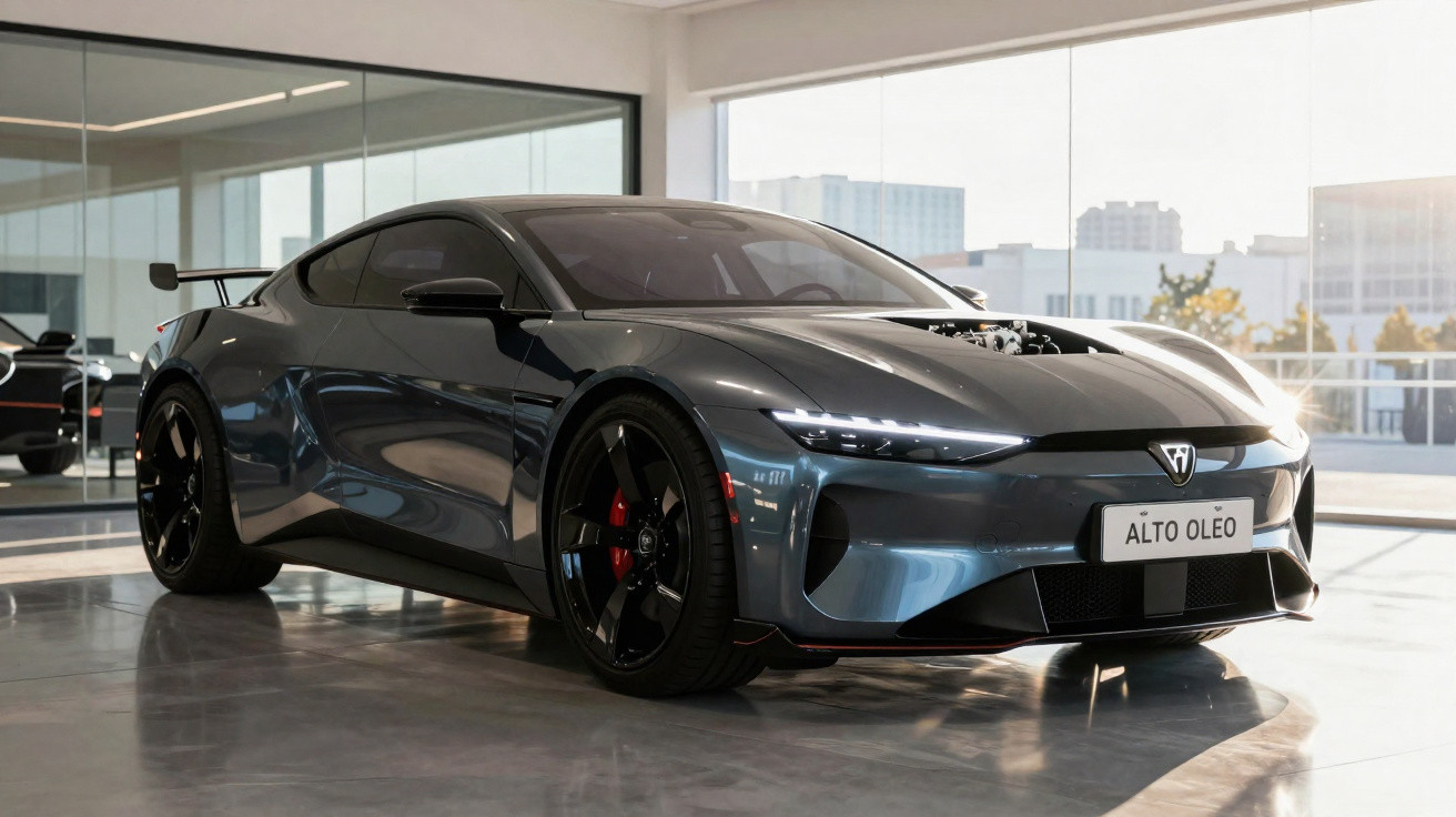Sleek dark grey sports car with modern design and tinted windows parked indoors on polished floor.