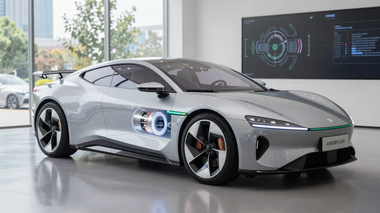 Silver futuristic electric sports car on display in a showroom with transparent motor components visible on the side.
