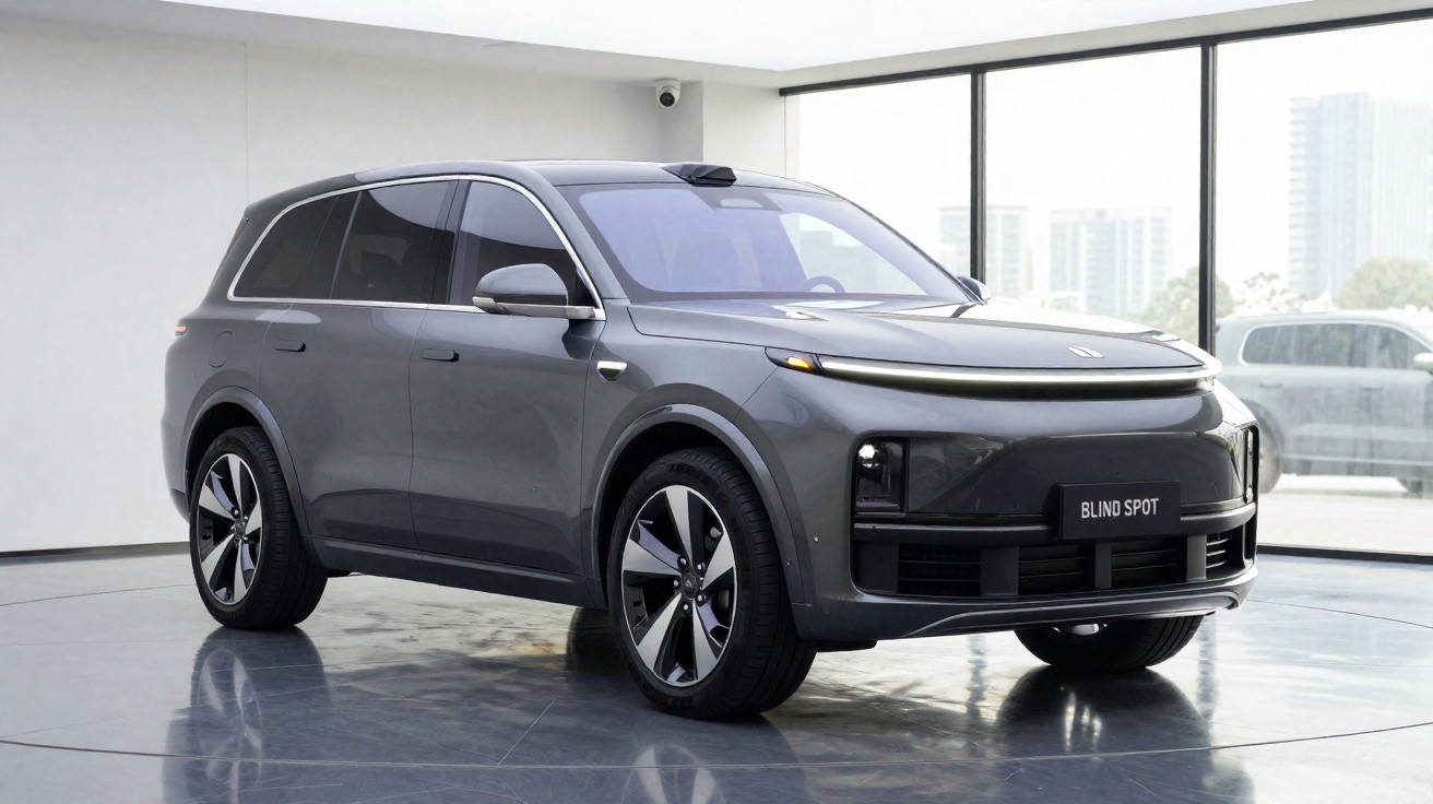 Grey Blind Spot electric SUV displayed in a bright showroom with large windows and city view outside.