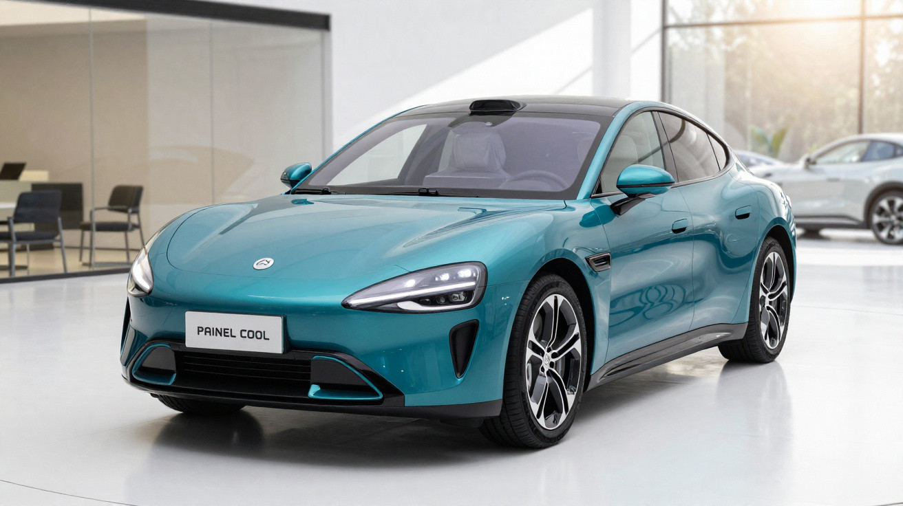Blue electric sports sedan parked indoors with modern design and aerodynamic features visible.