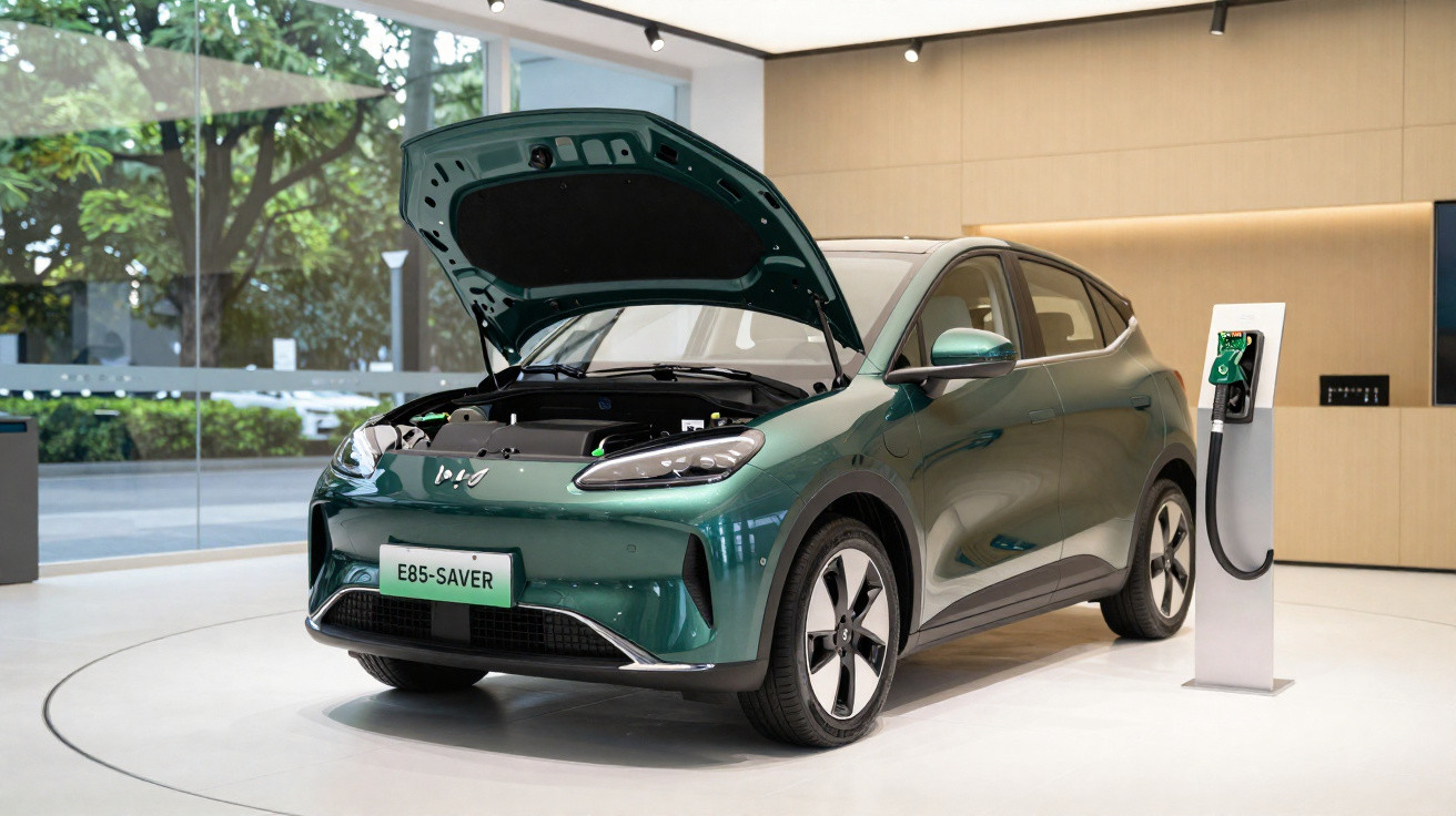 Green electric car with open bonnet next to a charging station in a modern showroom.