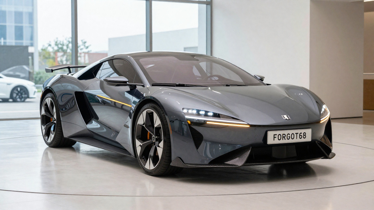 Sleek grey electric sports car with modern LED lights and aerodynamic design displayed indoors on a showroom floor.