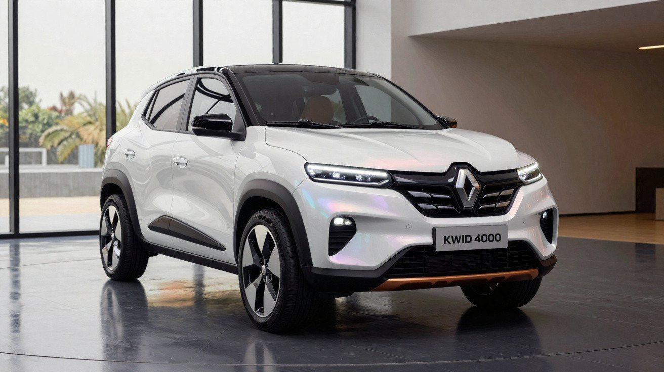 White Renault Kwid 4000 compact SUV parked indoors with black roof and alloy wheels.