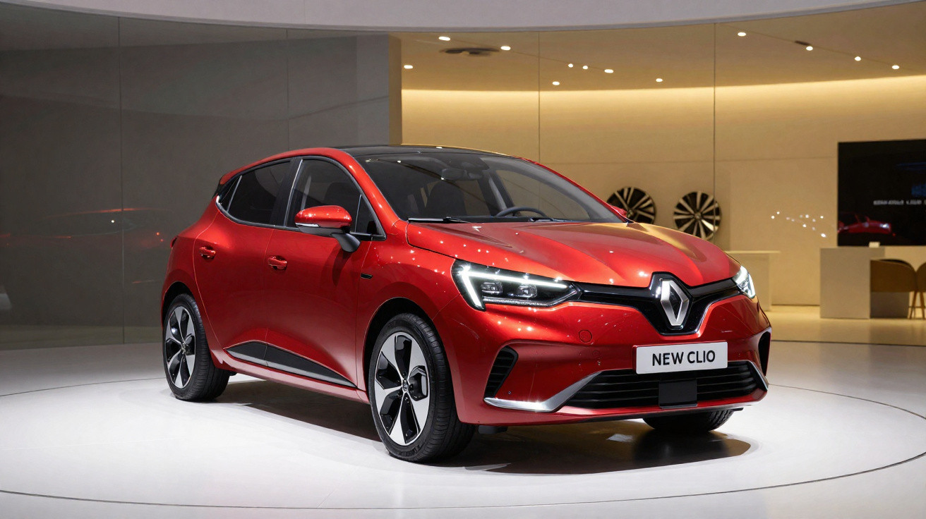 Red Renault New Clio hatchback displayed indoors with modern lighting and reflective floor.
