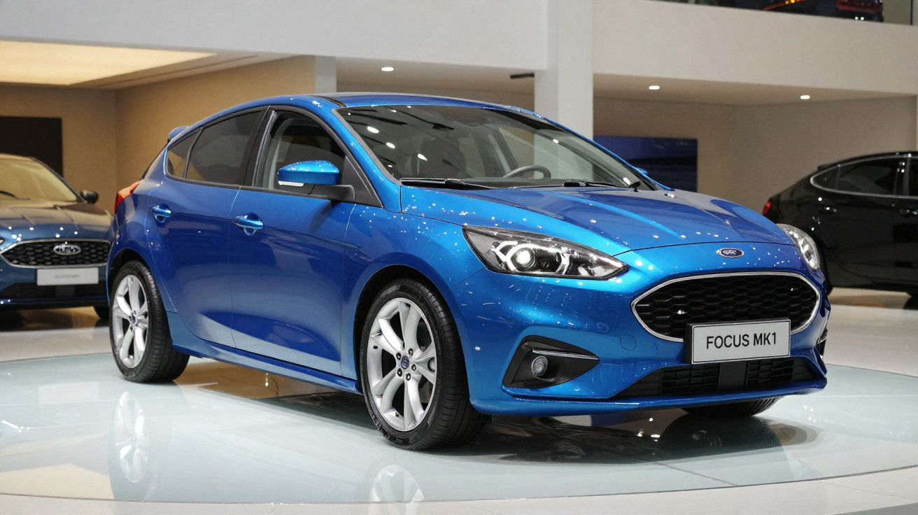 Blue Ford Focus MK1 hatchback displayed indoors with modern lighting and reflective floor.